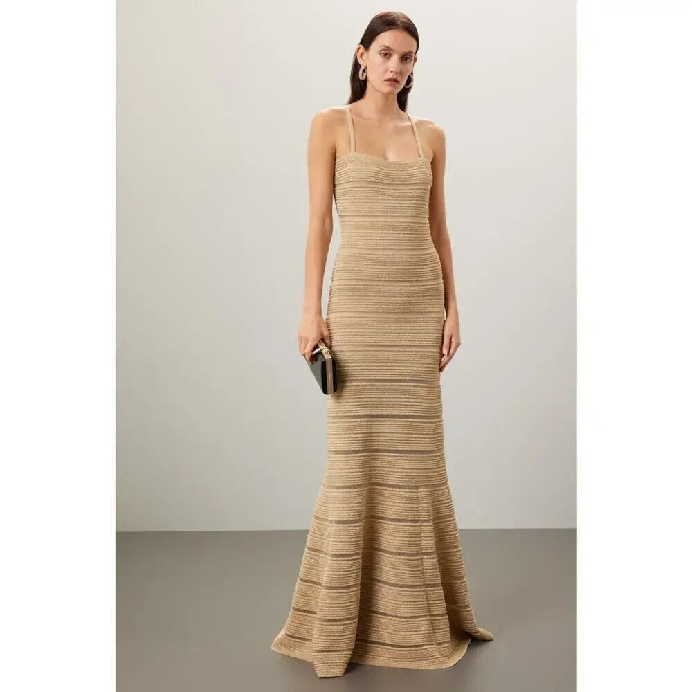 Herve Leger Gold Metallic Bandage Striped Trumpet Gown Maxi Dress Size XS